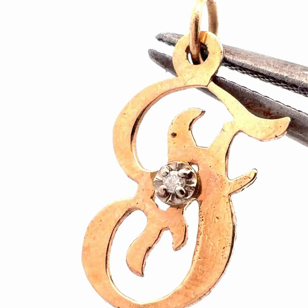 Estate 14K Yellow Gold Diamond Accent Script Capital G Monogram Initial Pendant